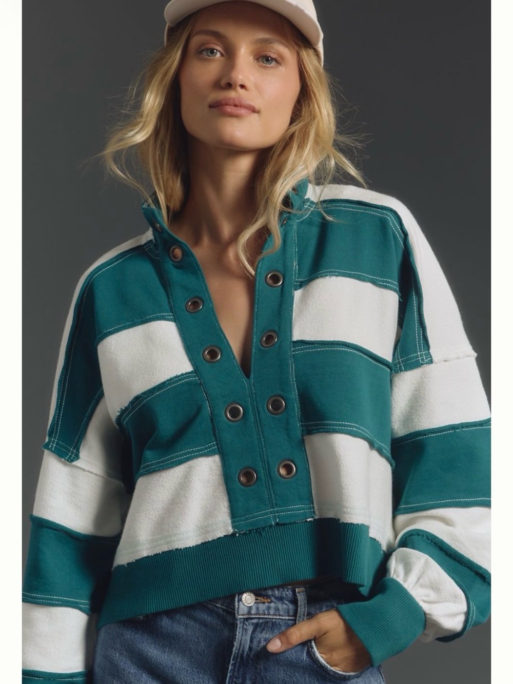 Pilcro Teal & White Striped Snap-Front Pullover